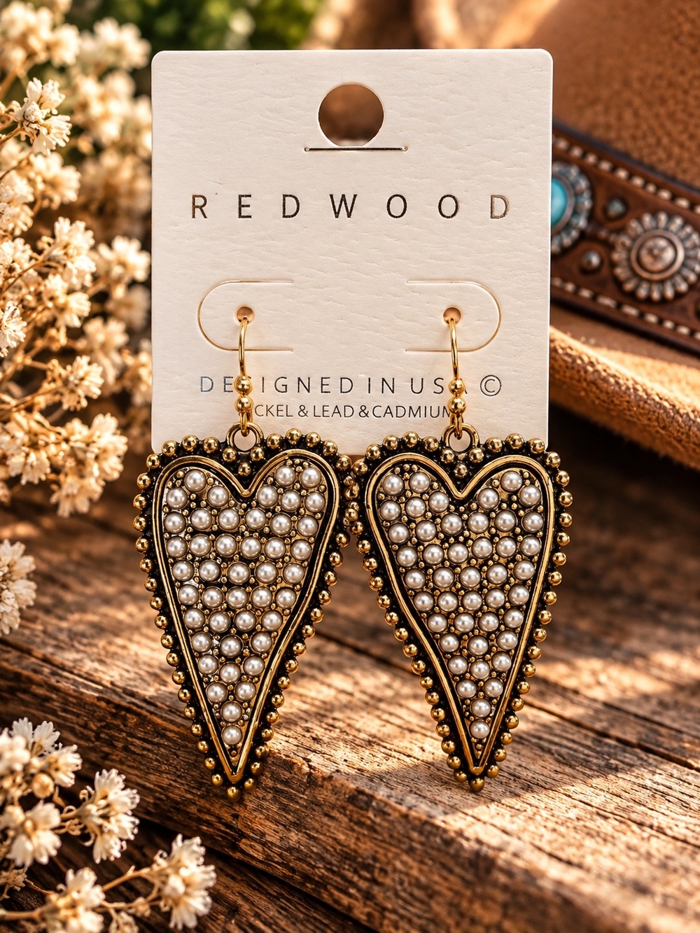 Redwood Pearl Heart Western Dangle Earrings